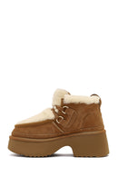 Kadın Camel Bağcıklı Kalın Tabanlı Kürklü Süet Deri Teddy Bot | Derimod