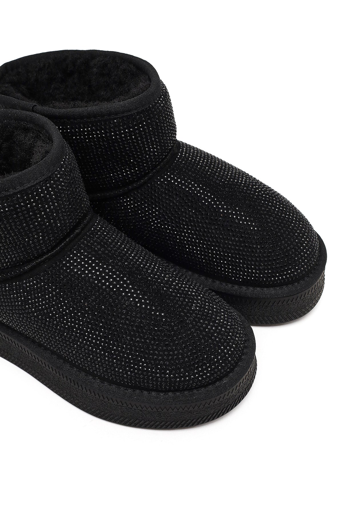 Kadın Siyah Kalın Tabanlı Taşlı Deri Teddy Bot