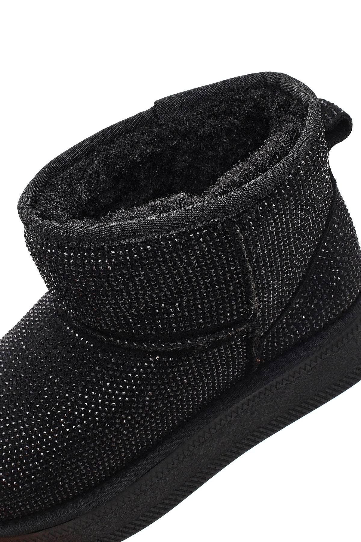 Kadın Siyah Kalın Tabanlı Taşlı Deri Teddy Bot