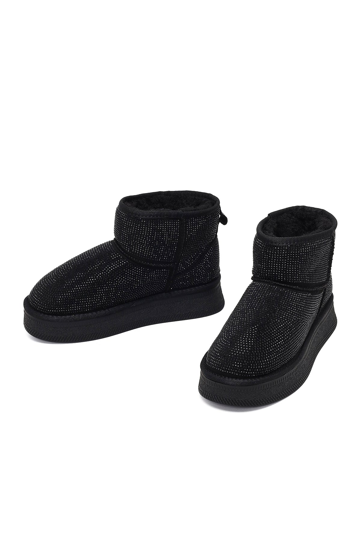 Kadın Siyah Kalın Tabanlı Taşlı Deri Teddy Bot