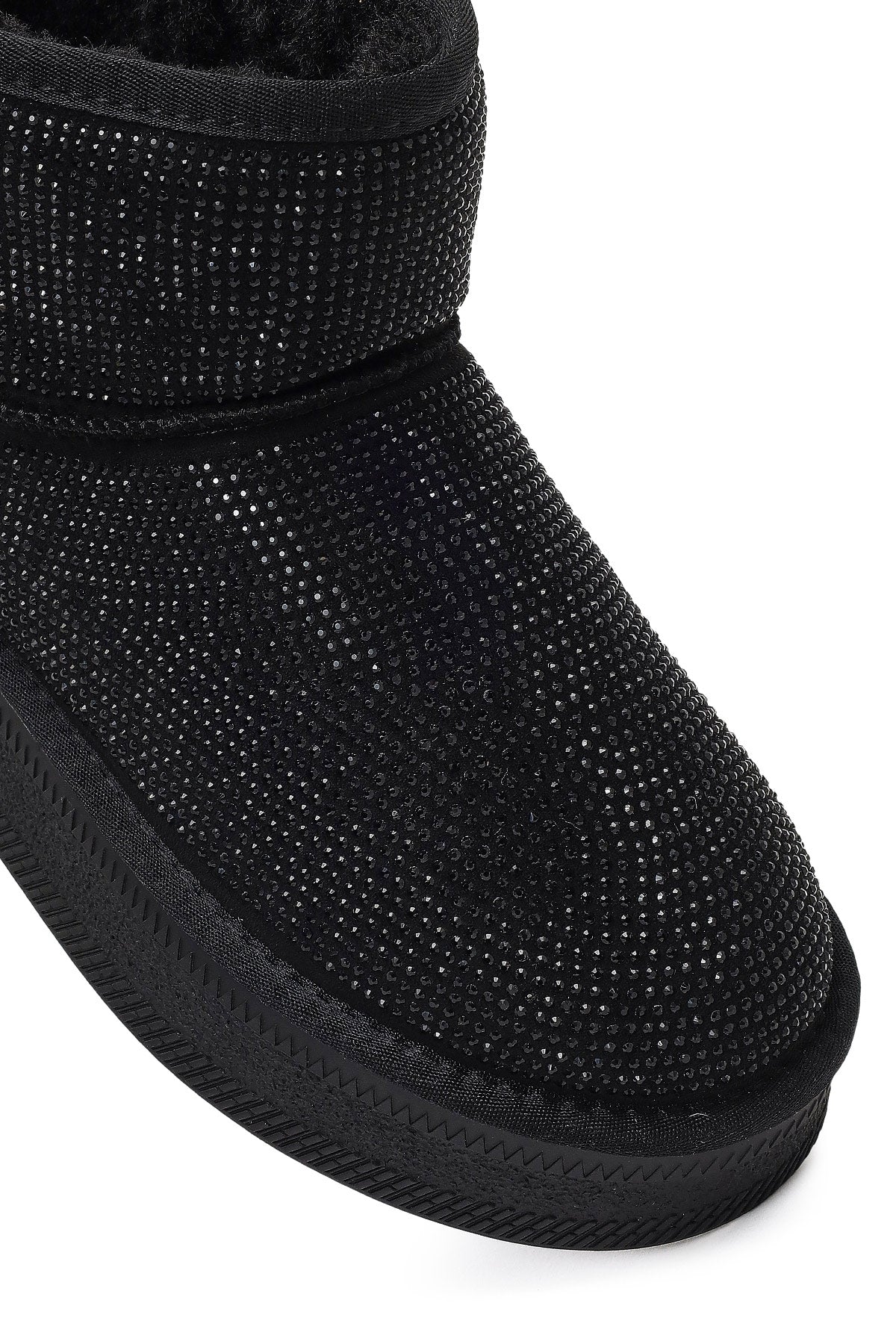 Kadın Siyah Kalın Tabanlı Taşlı Deri Teddy Bot