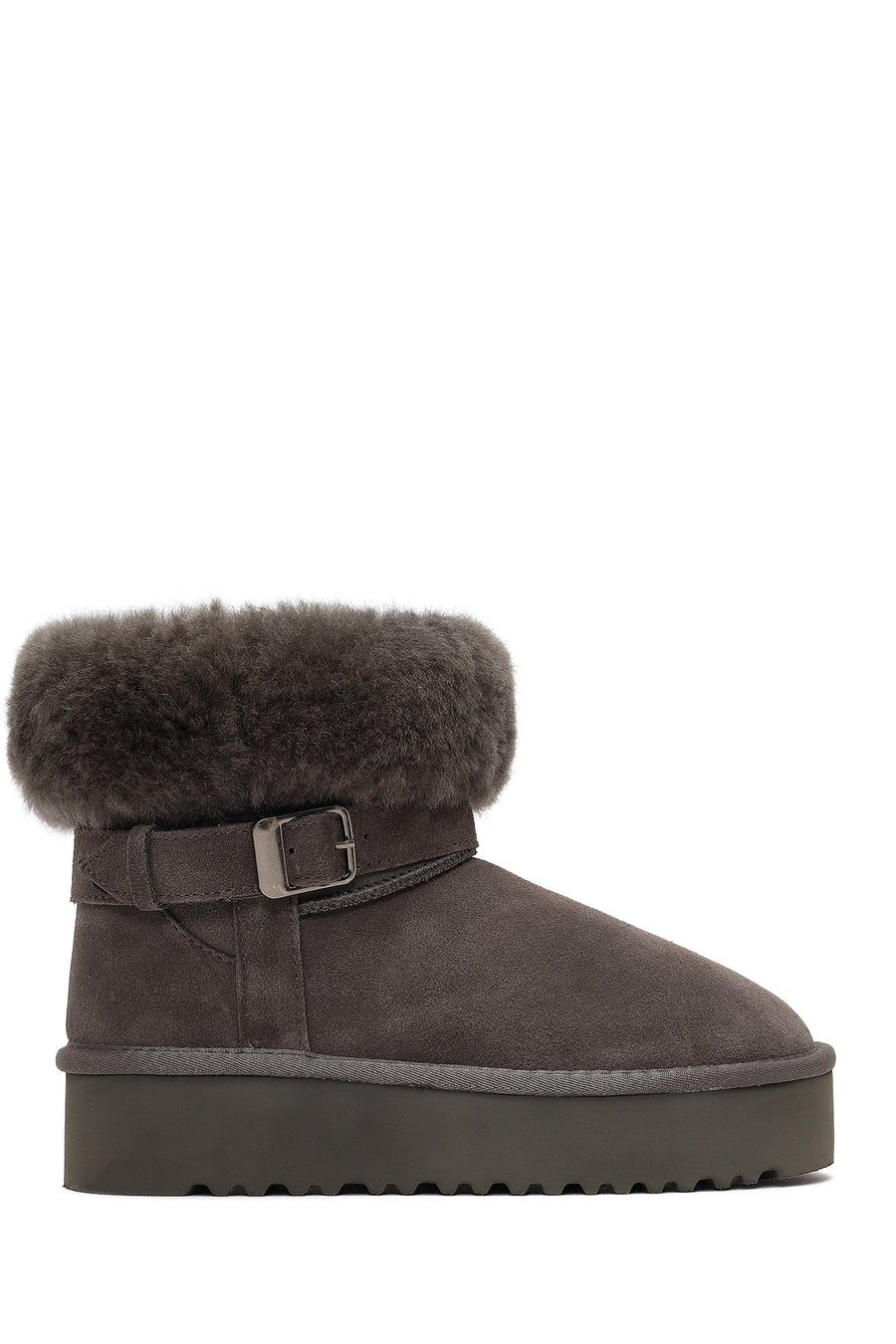 Women's Gray Thick-Soled Fur Detailed Suede Leather Teddy Boot 25WFD492410 | Derimod
