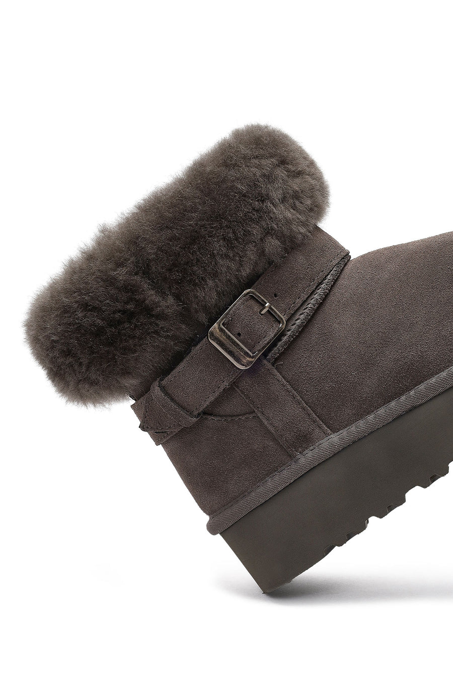 Women's Gray Thick-Soled Fur Detailed Suede Leather Teddy Boot