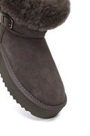 Kadın Gri Kalın Tabanlı Kürk Detaylı Süet Deri Teddy Bot | Derimod