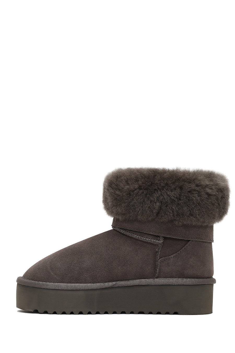 Women's Gray Thick-Soled Fur Detailed Suede Leather Teddy Boot