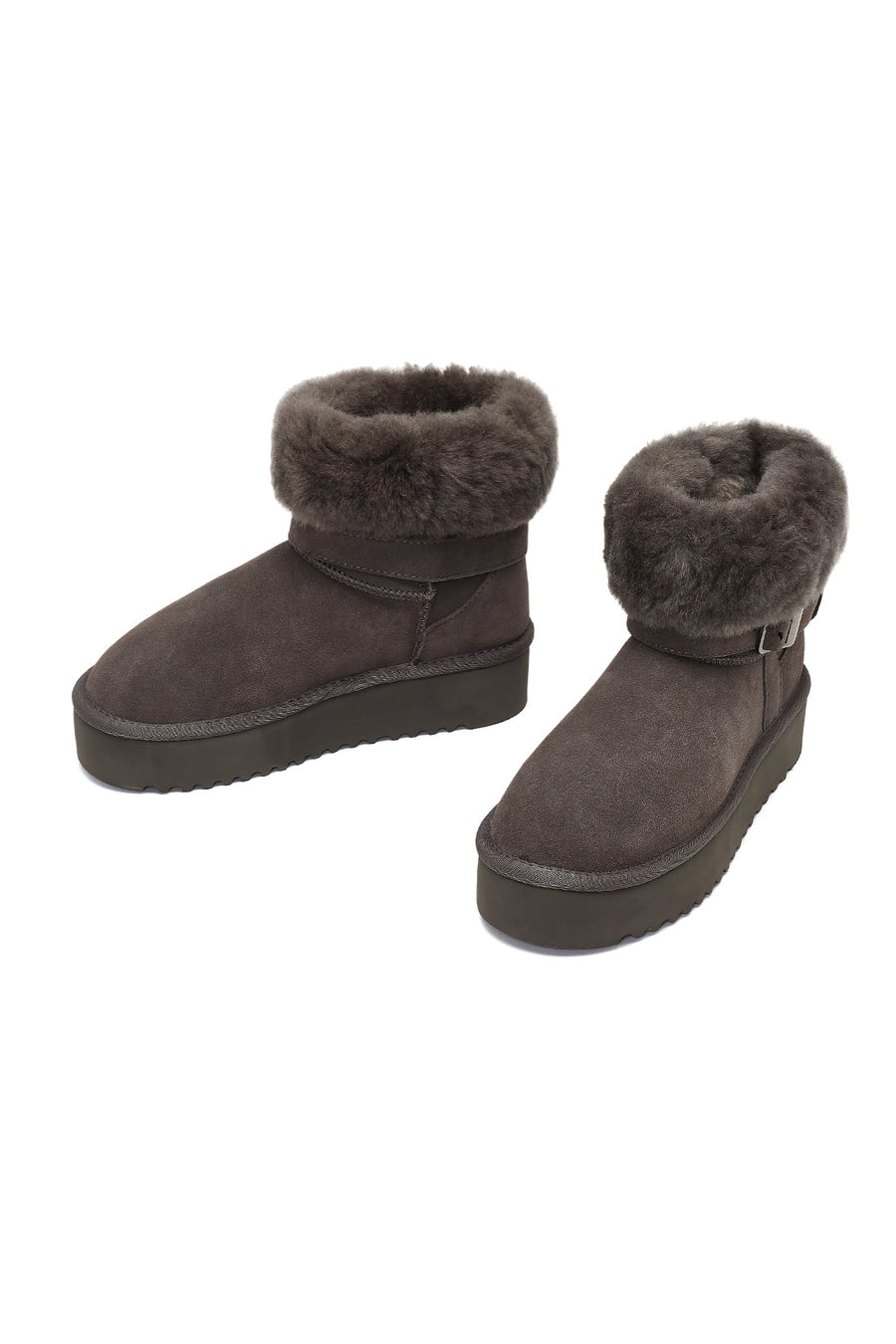 Women's Gray Thick-Soled Fur Detailed Suede Leather Teddy Boot
