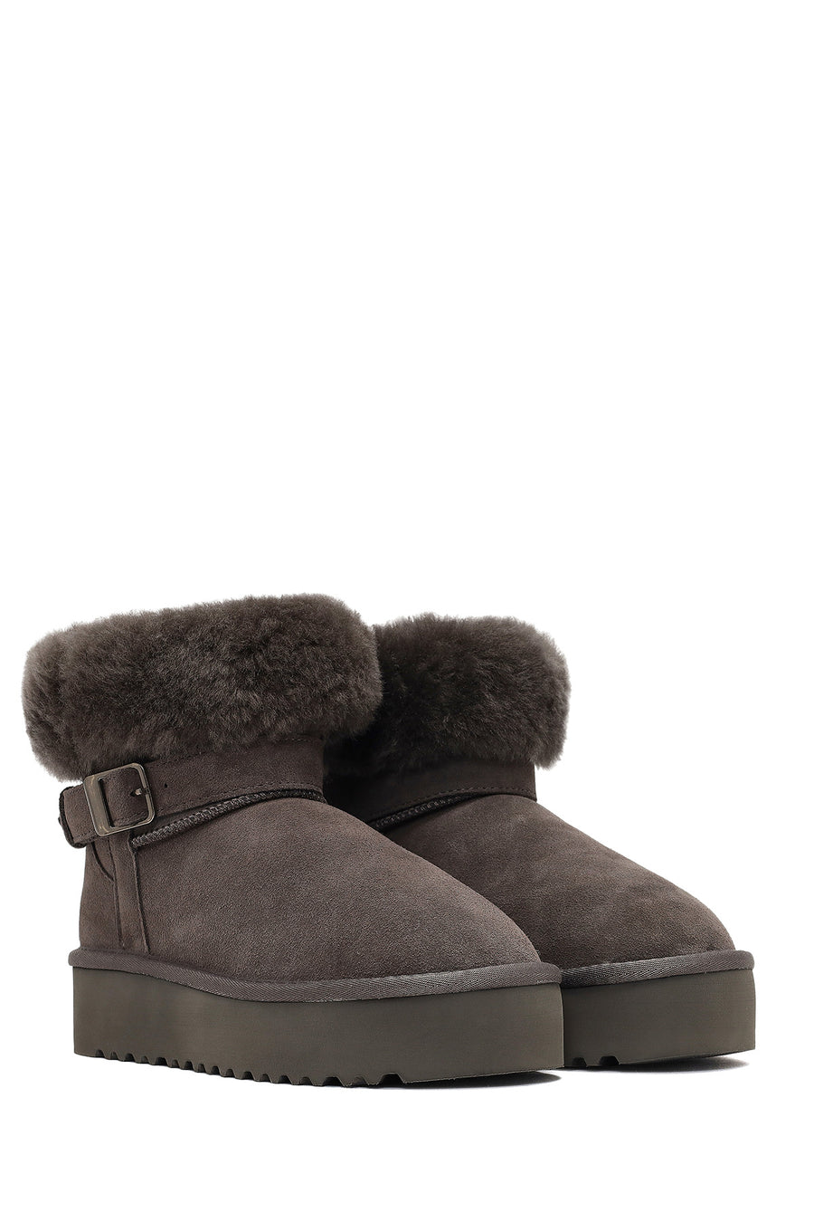 Women's Gray Thick-Soled Fur Detailed Suede Leather Teddy Boot