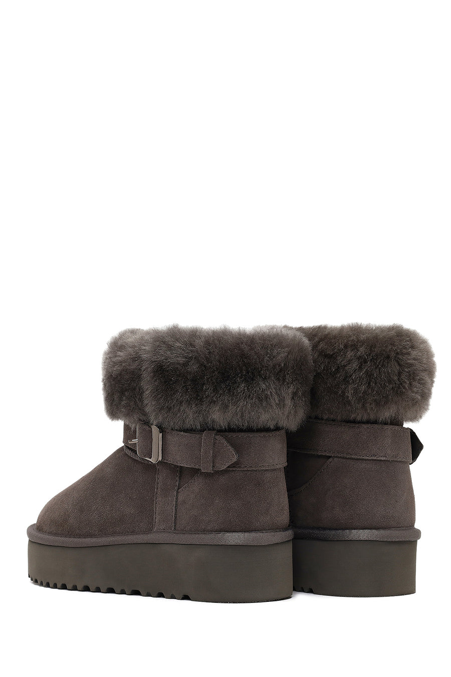 Women's Gray Thick-Soled Fur Detailed Suede Leather Teddy Boot
