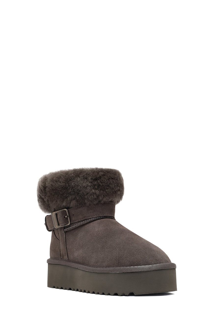 Women's Gray Thick-Soled Fur Detailed Suede Leather Teddy Boot
