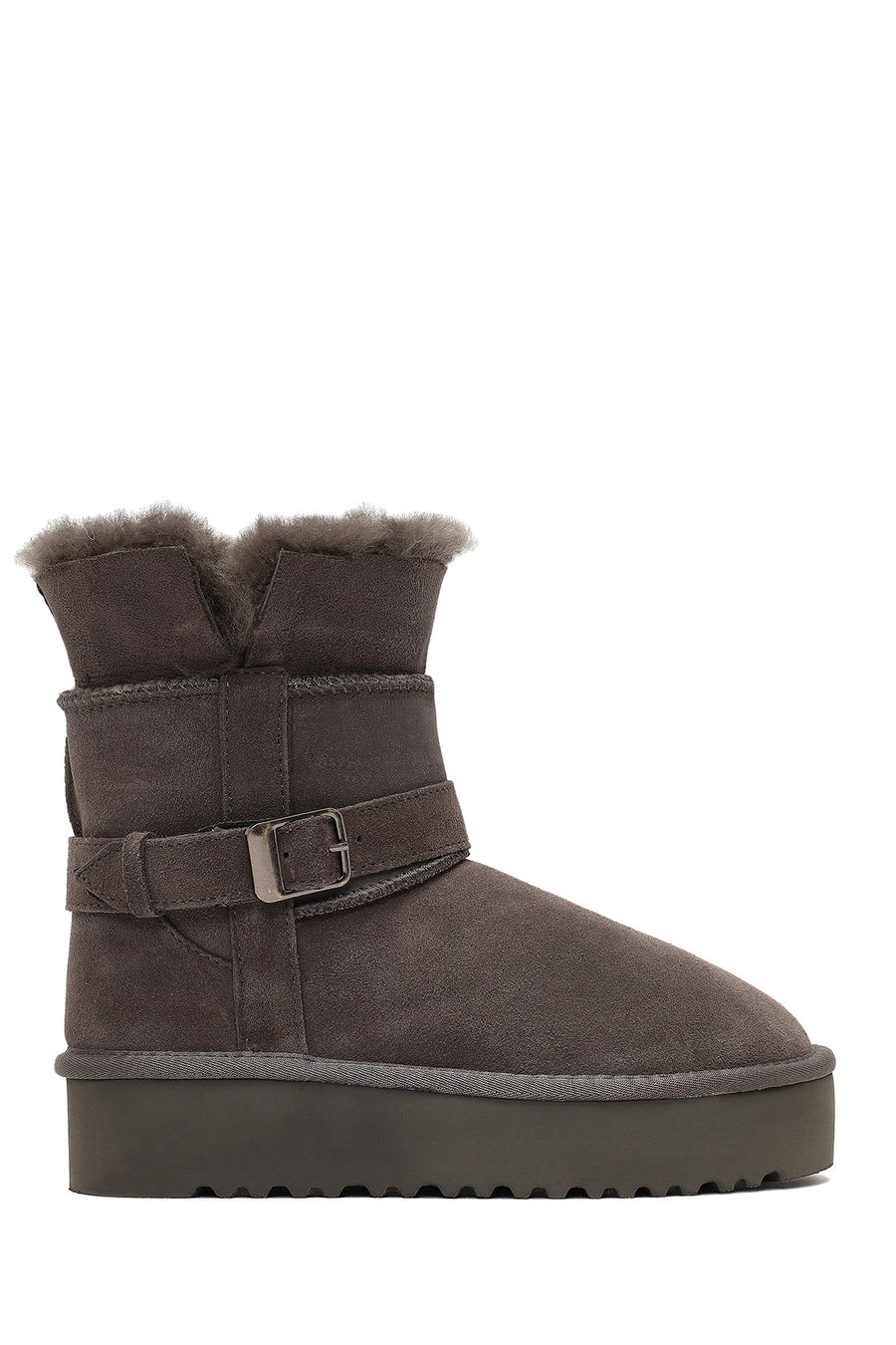 Women's Gray Thick-Soled Fur Detailed Suede Leather Teddy Boot