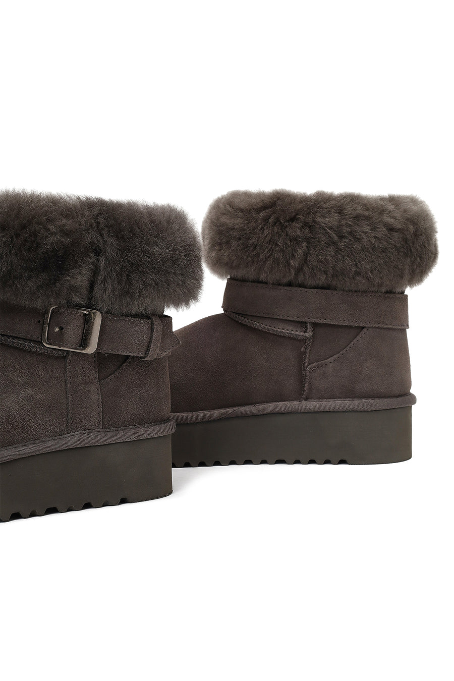 Women's Gray Thick-Soled Fur Detailed Suede Leather Teddy Boot