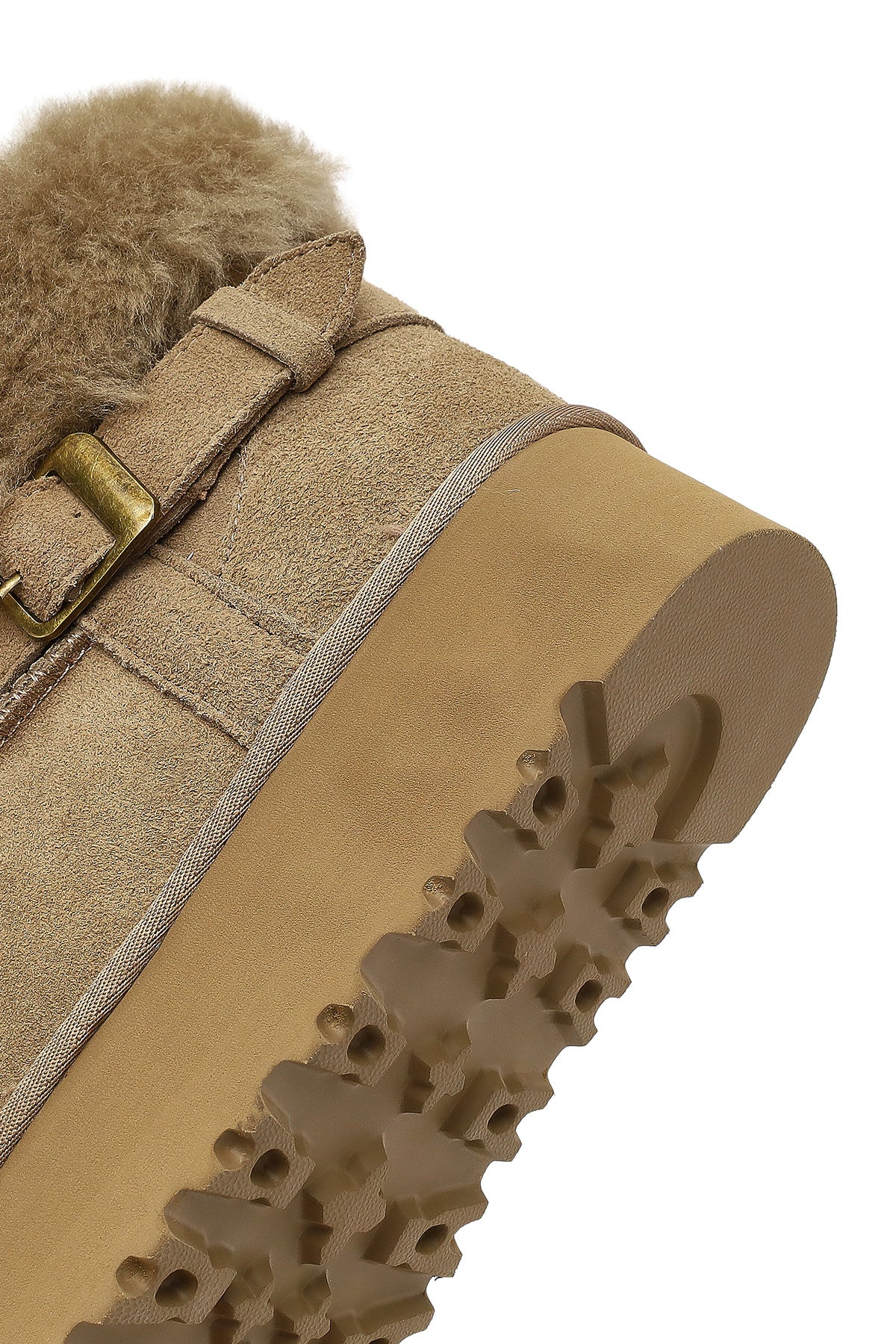 Kadın Bej Kalın Tabanlı Kürk Detaylı Süet Deri Teddy Bot