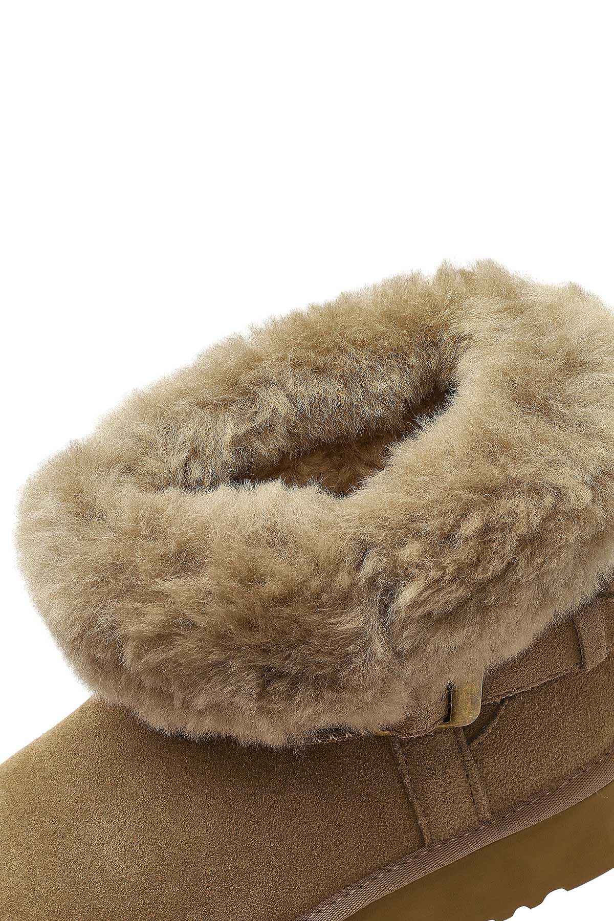 Kadın Bej Kalın Tabanlı Kürk Detaylı Süet Deri Teddy Bot