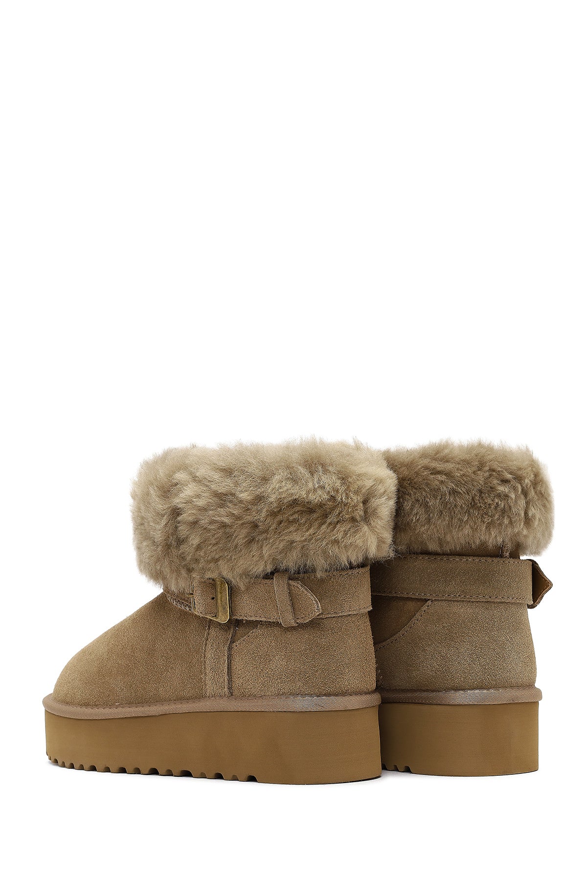 Kadın Bej Kalın Tabanlı Kürk Detaylı Süet Deri Teddy Bot