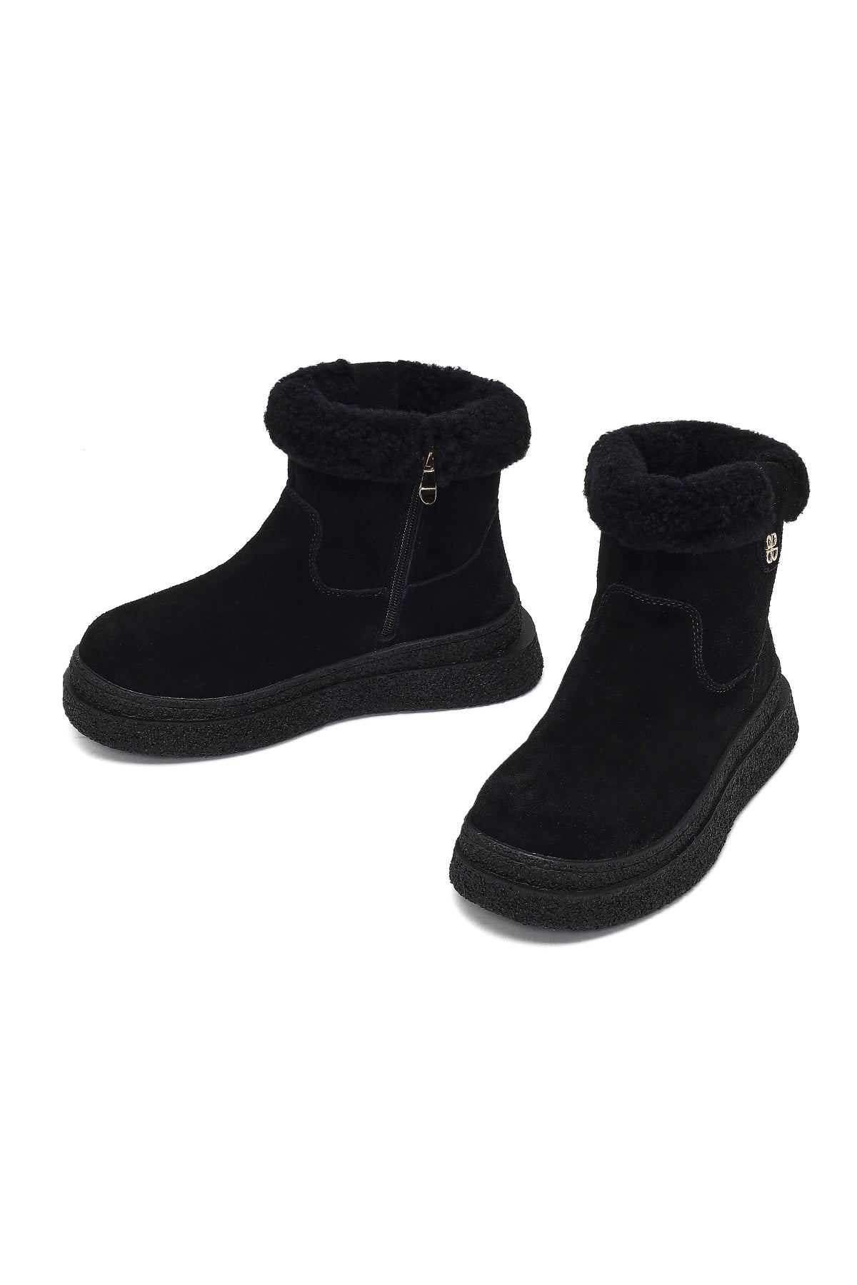 Kadın Siyah Fermuarlı Kalın Tabanlı Süet Deri Teddy Bot