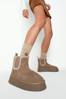 Kadın Vizon Kalın Tabanlı Desenli Süet Deri Teddy Bot | Derimod