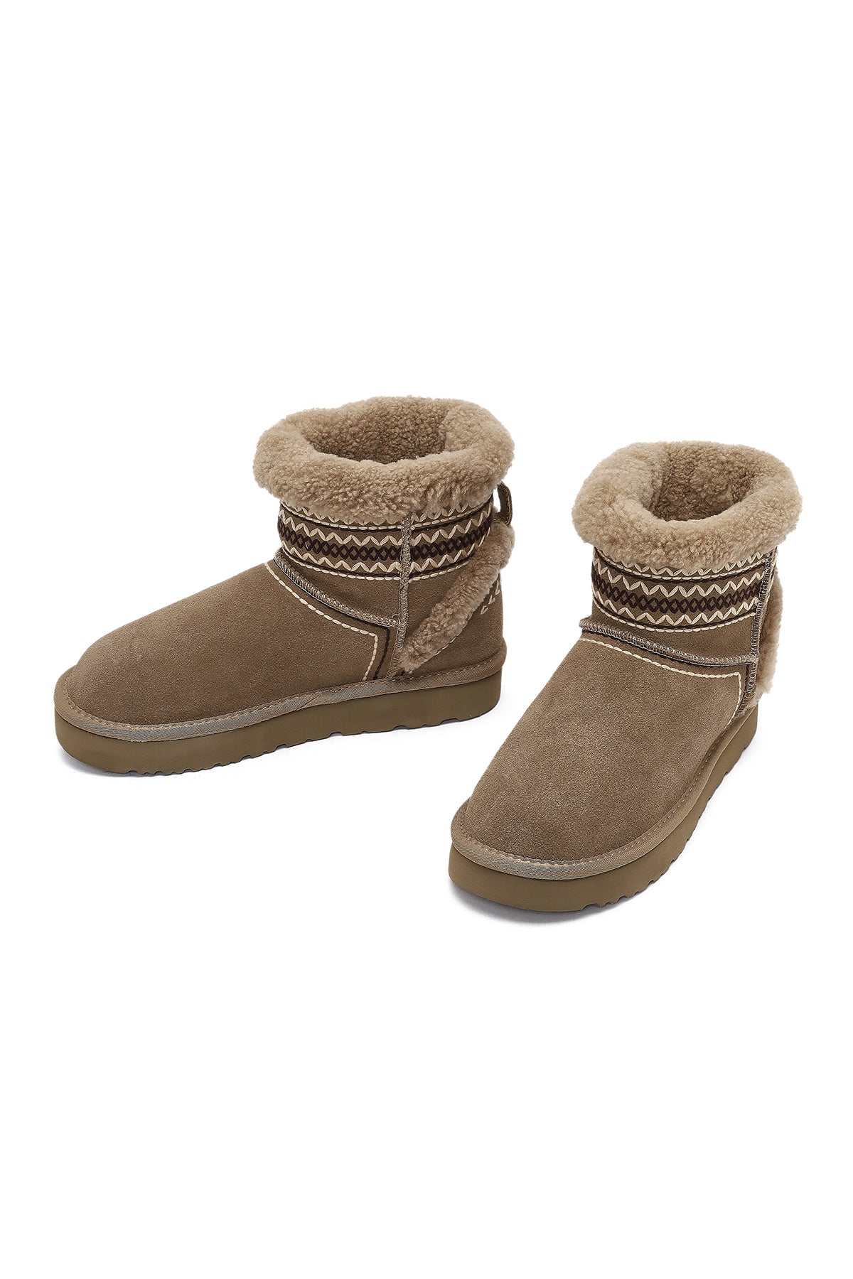 Kadın Bej Desenli Kürk Detaylı Süet Deri Teddy Bot