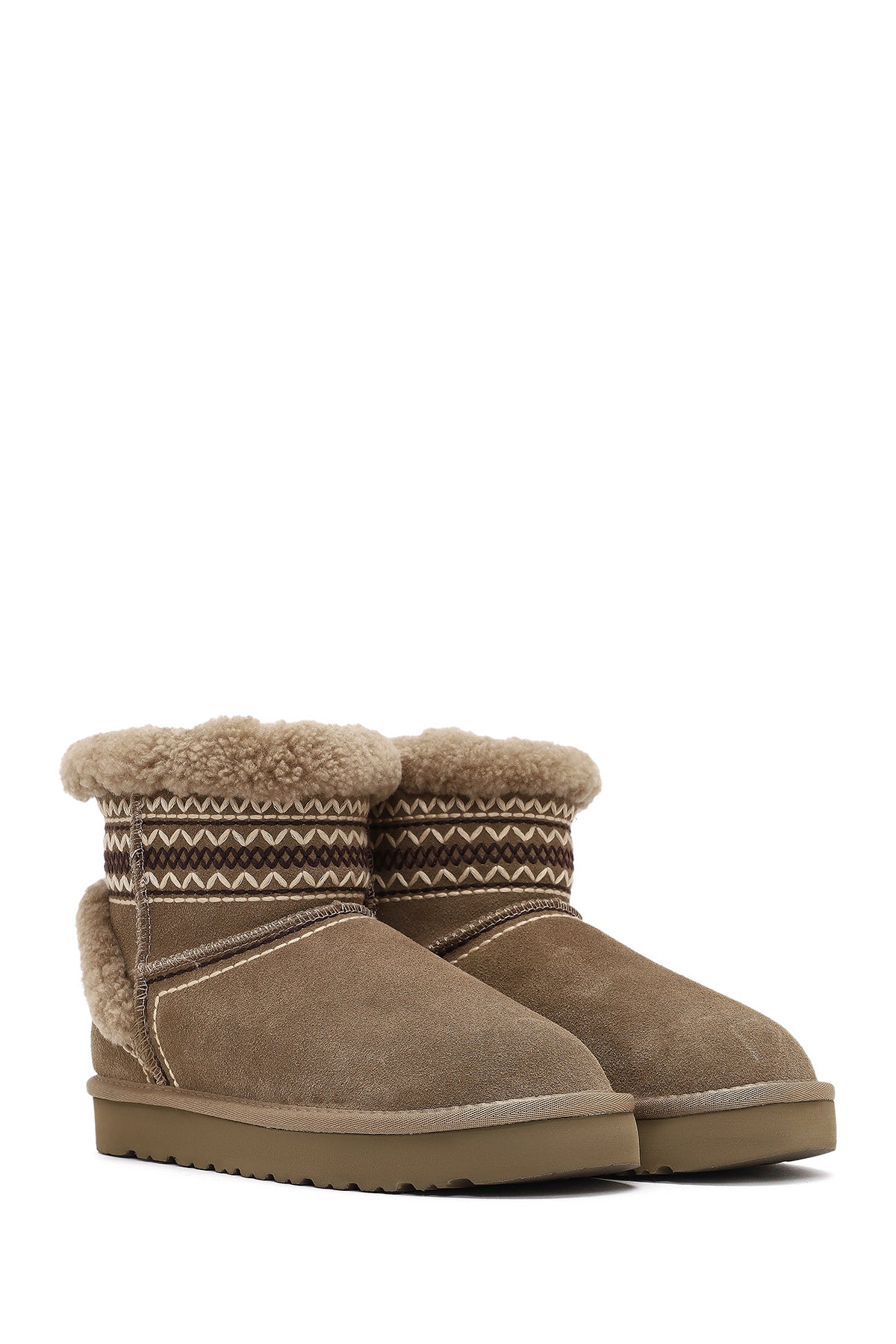 Kadın Bej Desenli Kürk Detaylı Süet Deri Teddy Bot