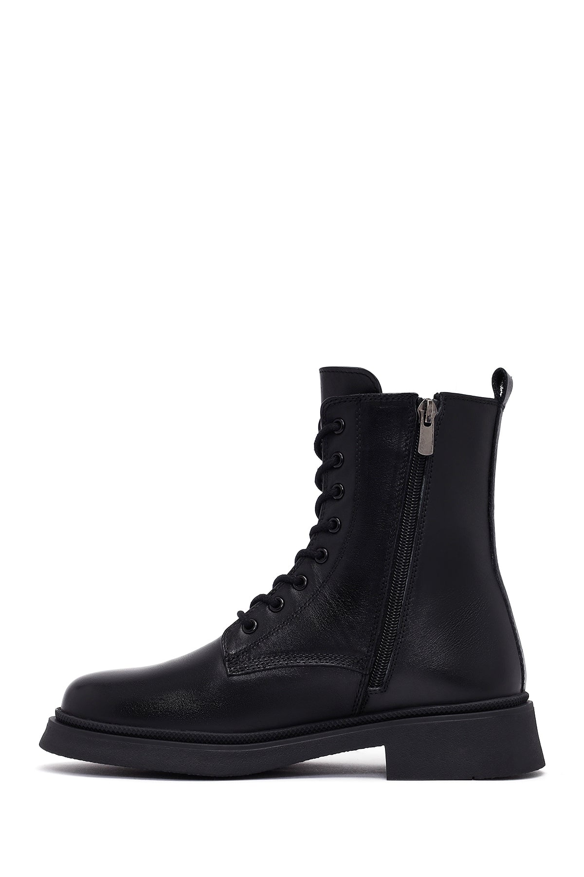 Kadın Siyah Fermuarlı Kalın Tabanlı Deri Postal Bot