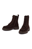 Women's Brown Zippered Thick-Soled Suede Leather Combat Boots | Derimod