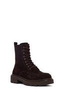 Women's Brown Zippered Thick-Soled Suede Leather Combat Boots | Derimod