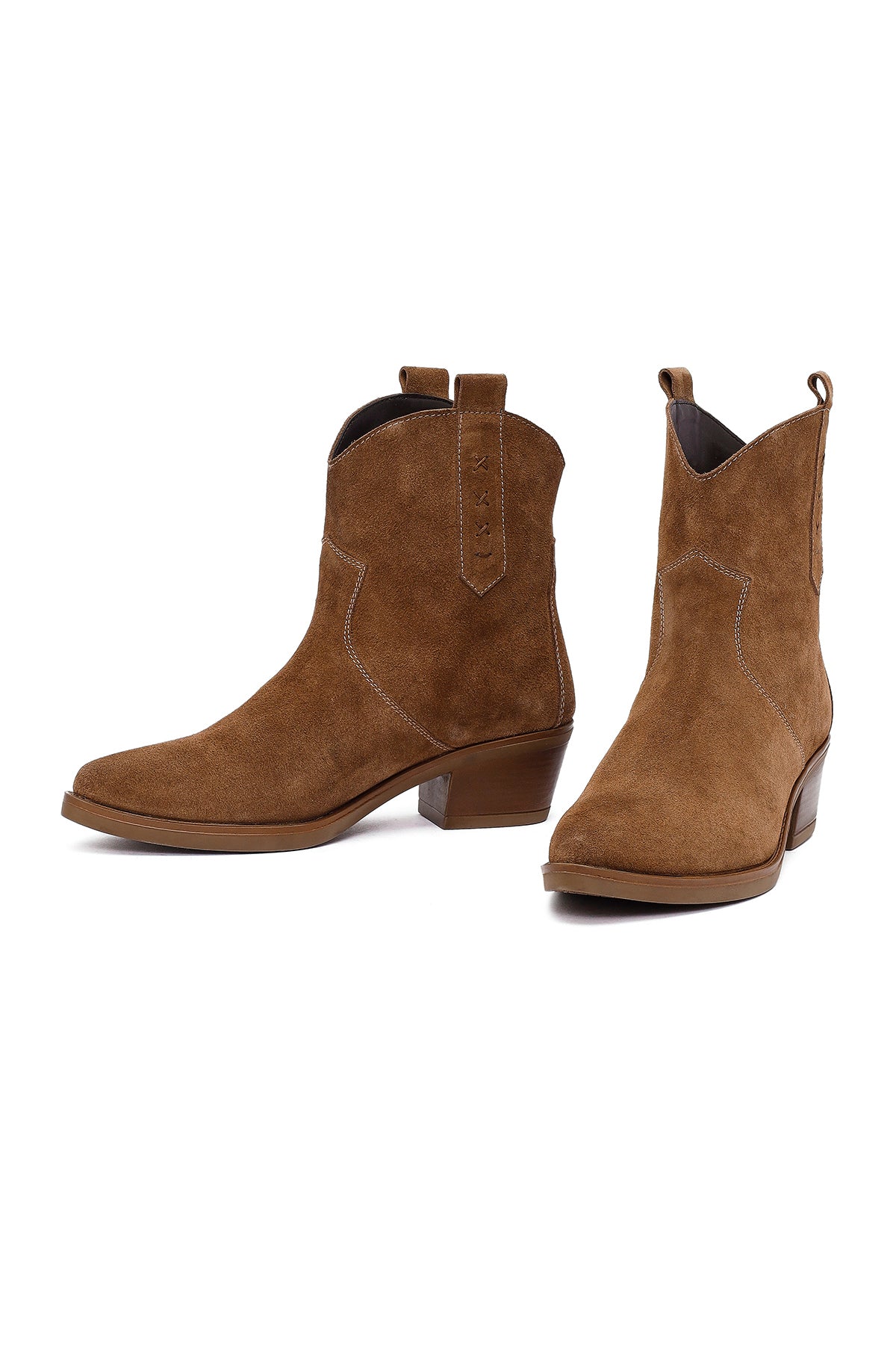 Kadın Camel Kısa Kalın Topuklu Süet Deri Kovboy Bot