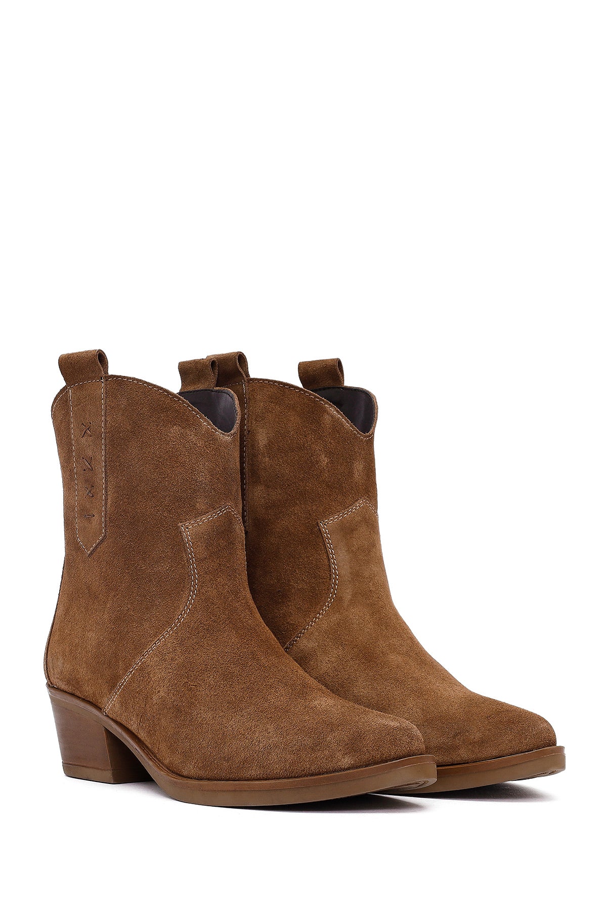 Kadın Camel Kısa Kalın Topuklu Süet Deri Kovboy Bot