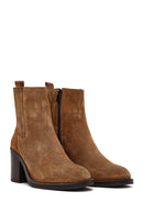 Kadın Taba Fermuarlı Kalın Topuklu Süet Deri Bot | Derimod