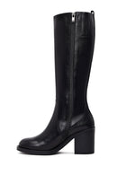 Kadın Siyah Fermuarlı Kalın Topuklu Deri Çizme | Derimod