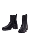 Women's Black Zippered Thick Heeled Leather Boot | Derimod