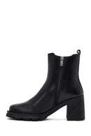 Women's Black Zippered Thick Heeled Leather Boot | Derimod
