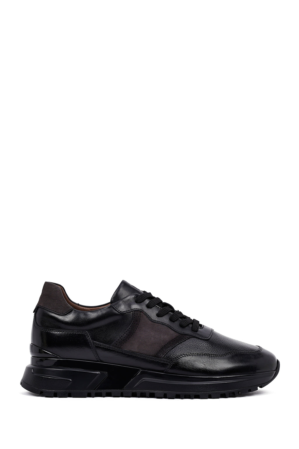 Erkek Siyah Bağcıklı Kalın Tabanlı Deri Casual Sneaker