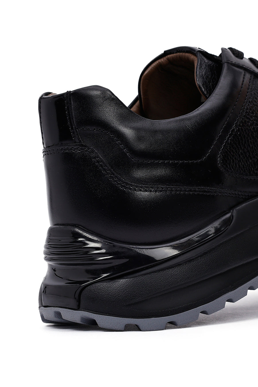 Men's Black Lace-Up Thick-Soled Leather Casual Sneakers