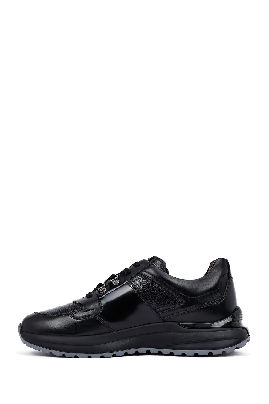Men's Black Lace-Up Thick-Soled Leather Casual Sneakers
