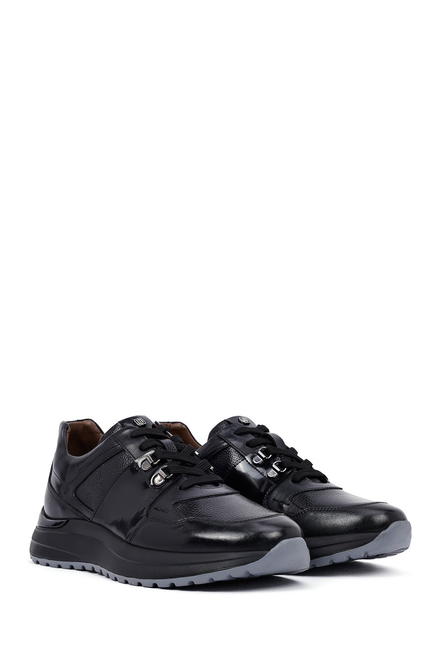 Men's Black Lace-Up Thick-Soled Leather Casual Sneakers