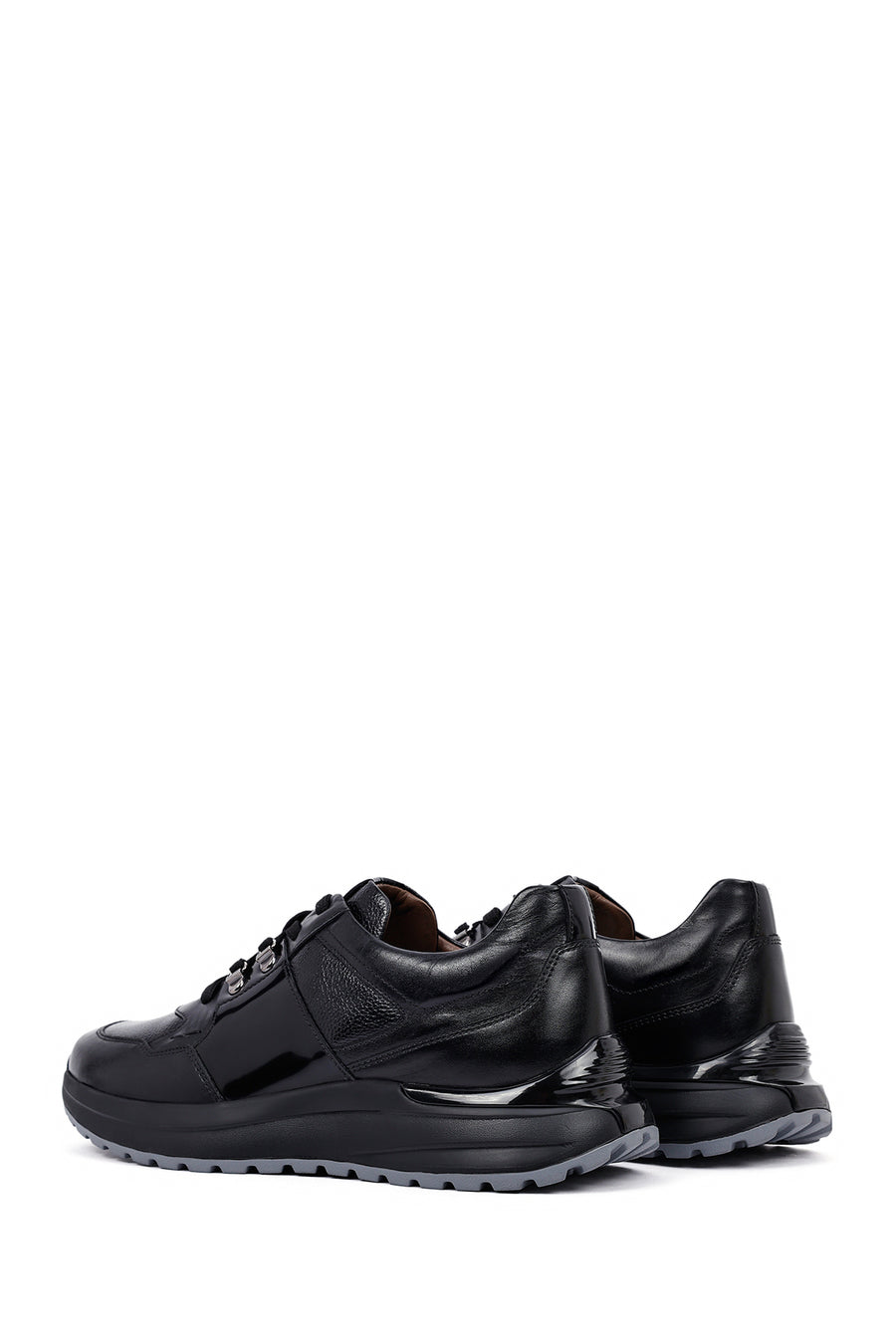 Men's Black Lace-Up Thick-Soled Leather Casual Sneakers