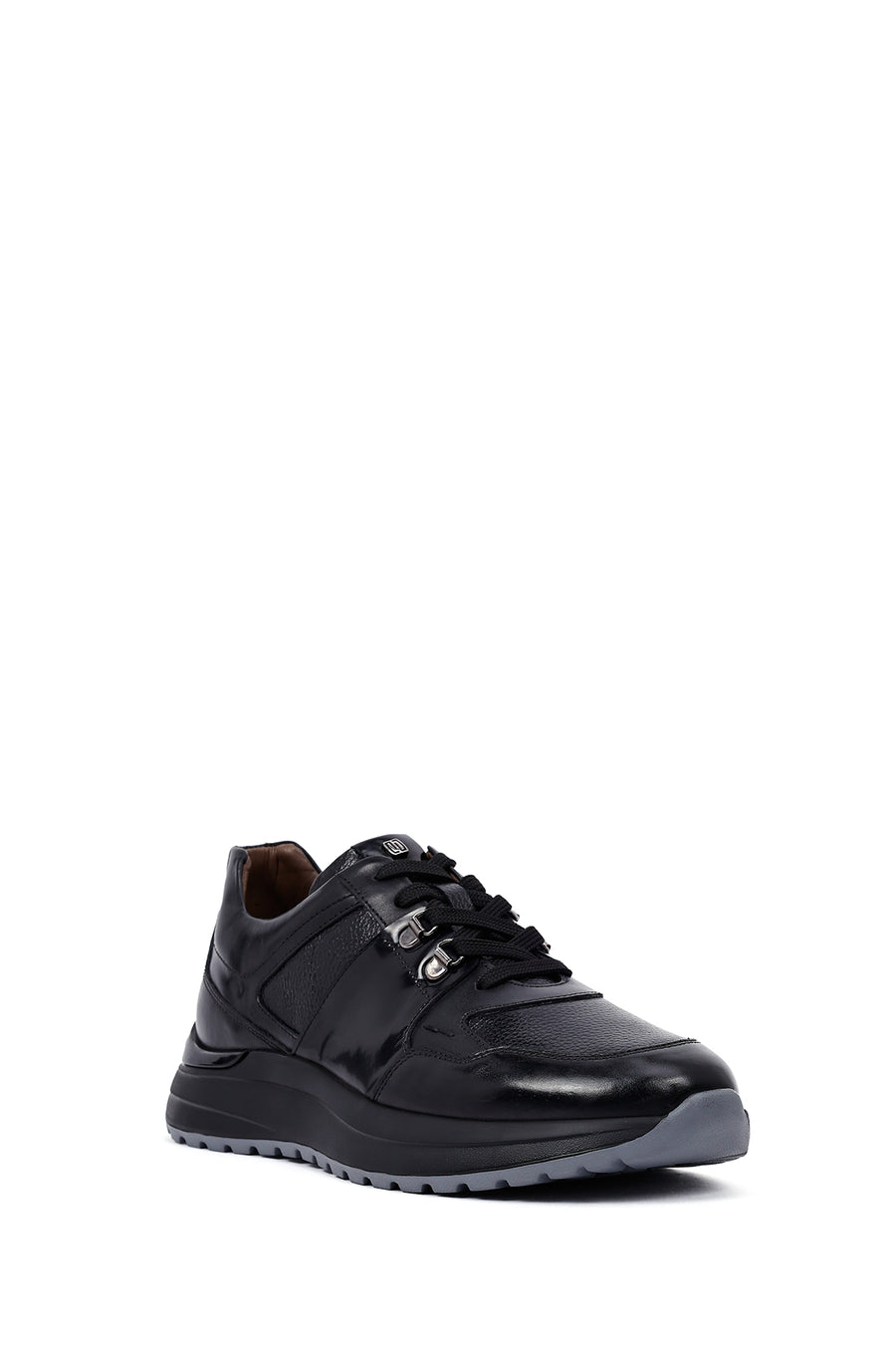 Men's Black Lace-Up Thick-Soled Leather Casual Sneakers