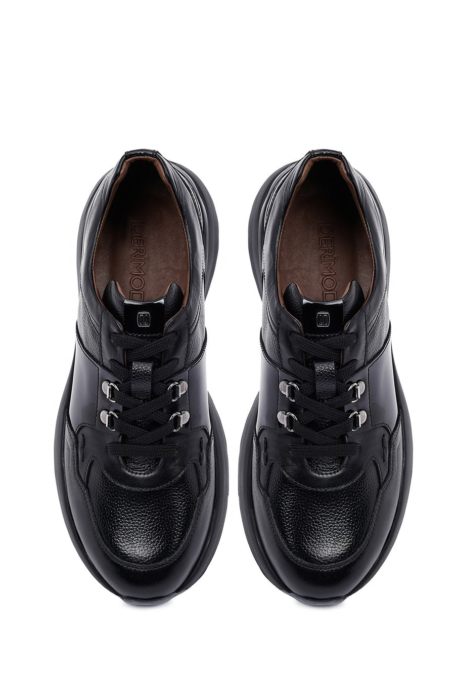 Men's Black Lace-Up Thick-Soled Leather Casual Sneakers