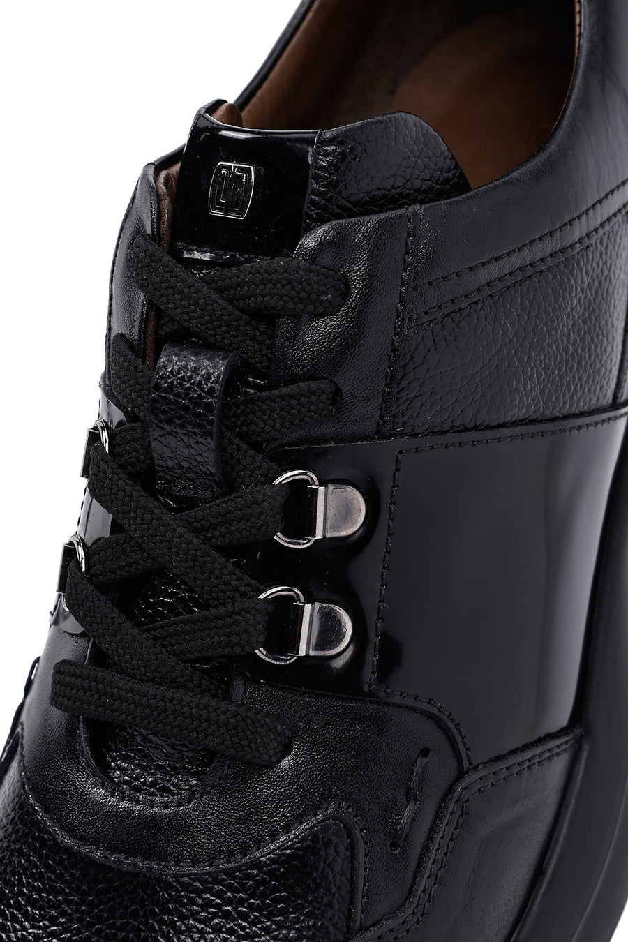 Men's Black Lace-Up Thick-Soled Leather Casual Sneakers
