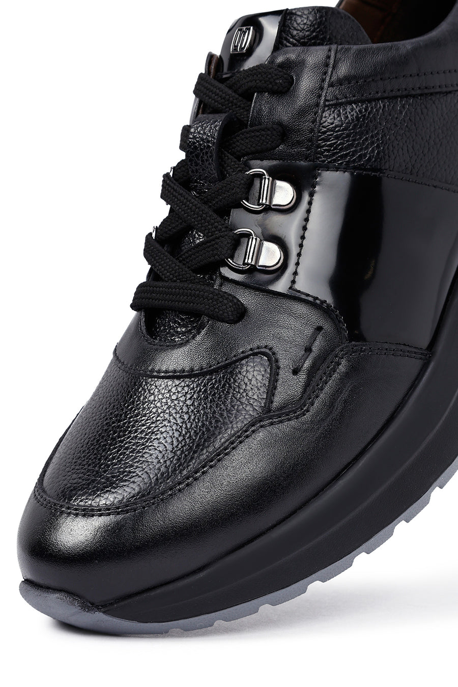 Men's Black Lace-Up Thick-Soled Leather Casual Sneakers