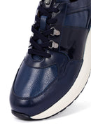 Men's Navy Blue Lace-Up Thick-Soled Leather Casual Sneakers | Derimod
