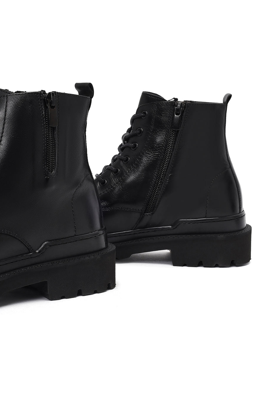 Men's Black Lace-Up Zipper Leather Casual Boots