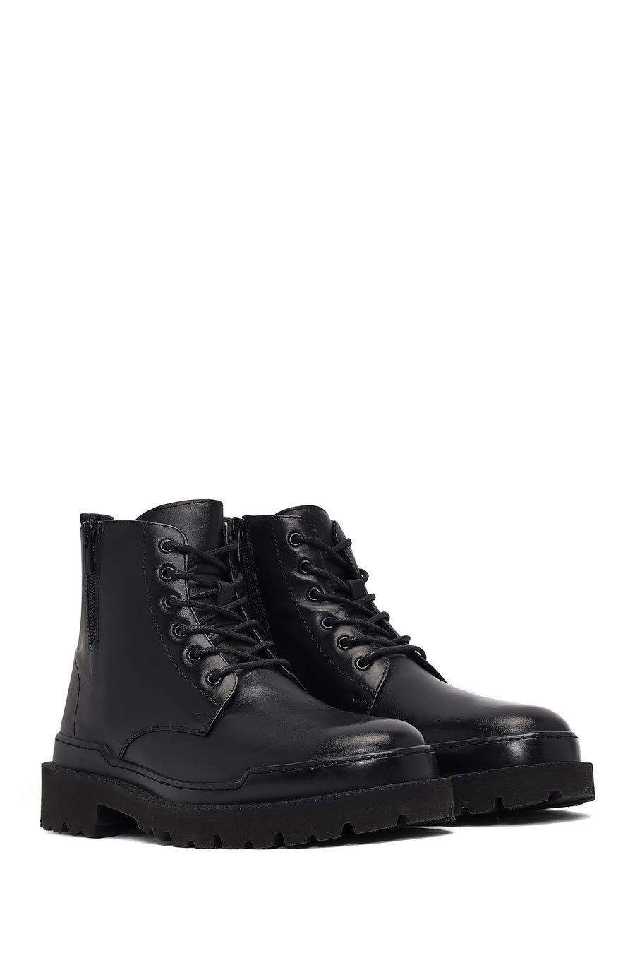 Men's Black Lace-Up Zipper Leather Casual Boots