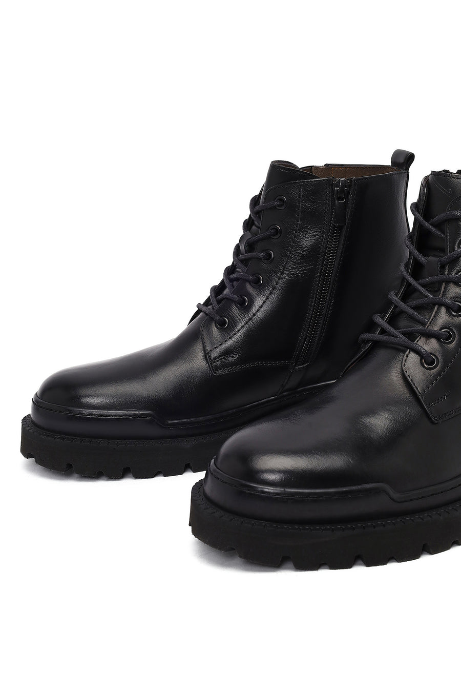 Men's Black Lace-Up Zipper Leather Casual Boots