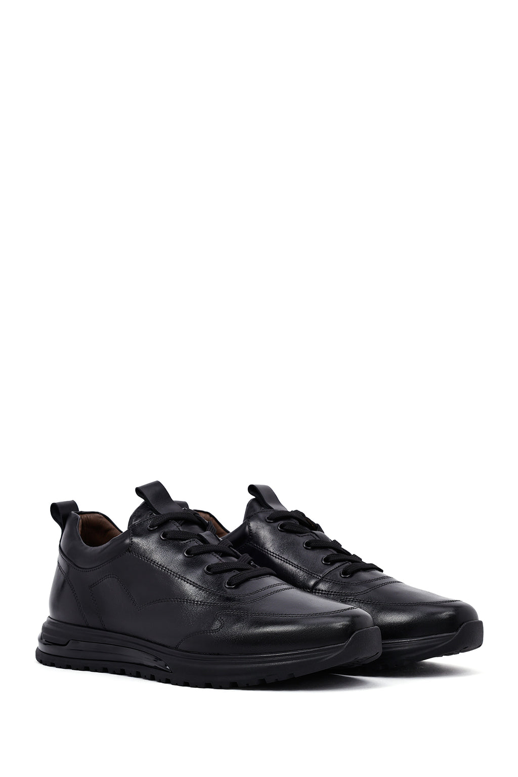 Erkek Siyah Bağcıklı Deri Casual Sneaker