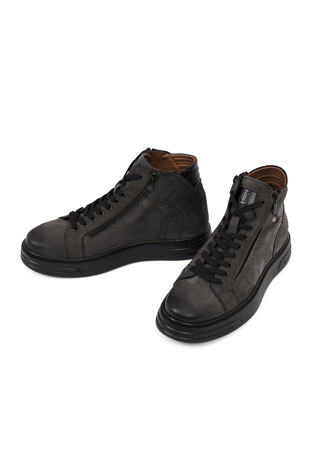 Erkek Gri Çift Fermuarlı Kalın Tabanlı Nubuk Deri Spor Bot