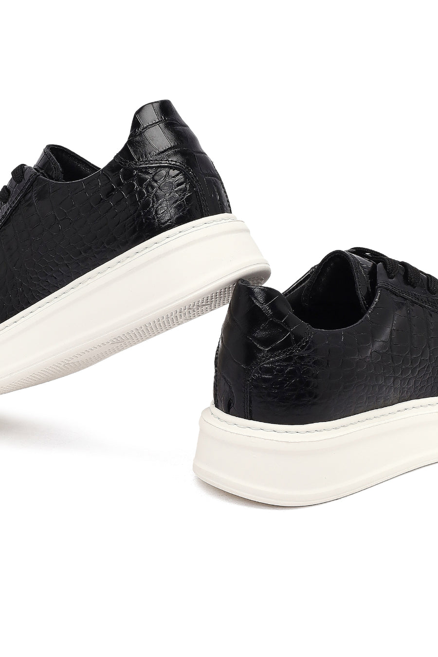 Erkek Siyah Kroko Bağcıklı Deri Sneaker