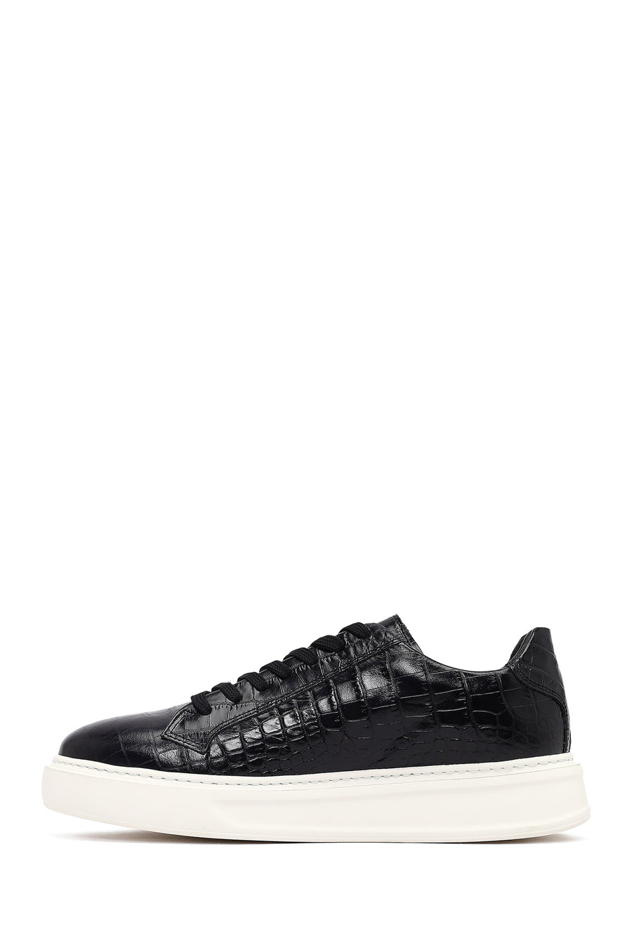 Erkek Siyah Kroko Bağcıklı Deri Sneaker
