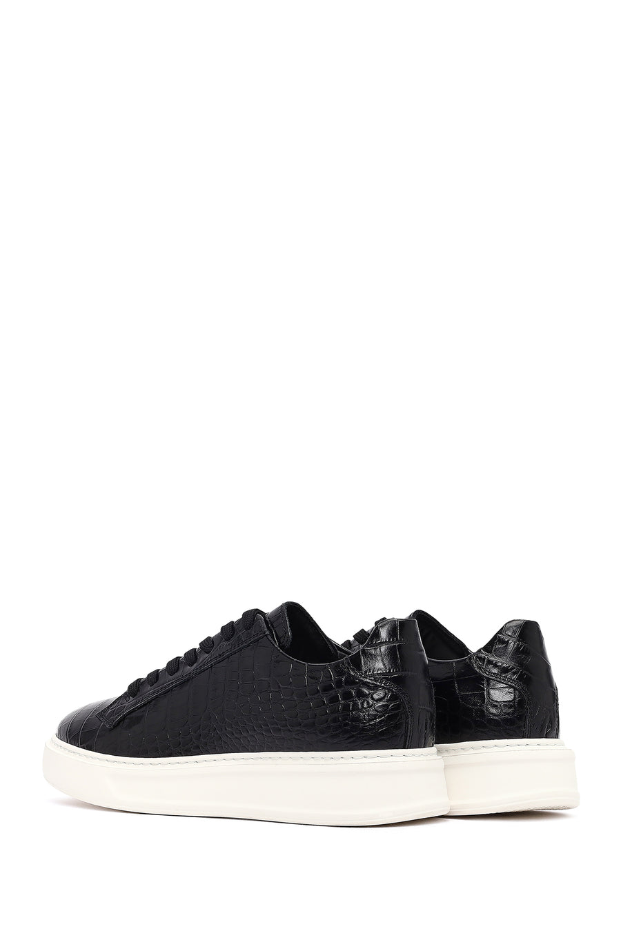 Erkek Siyah Kroko Bağcıklı Deri Sneaker