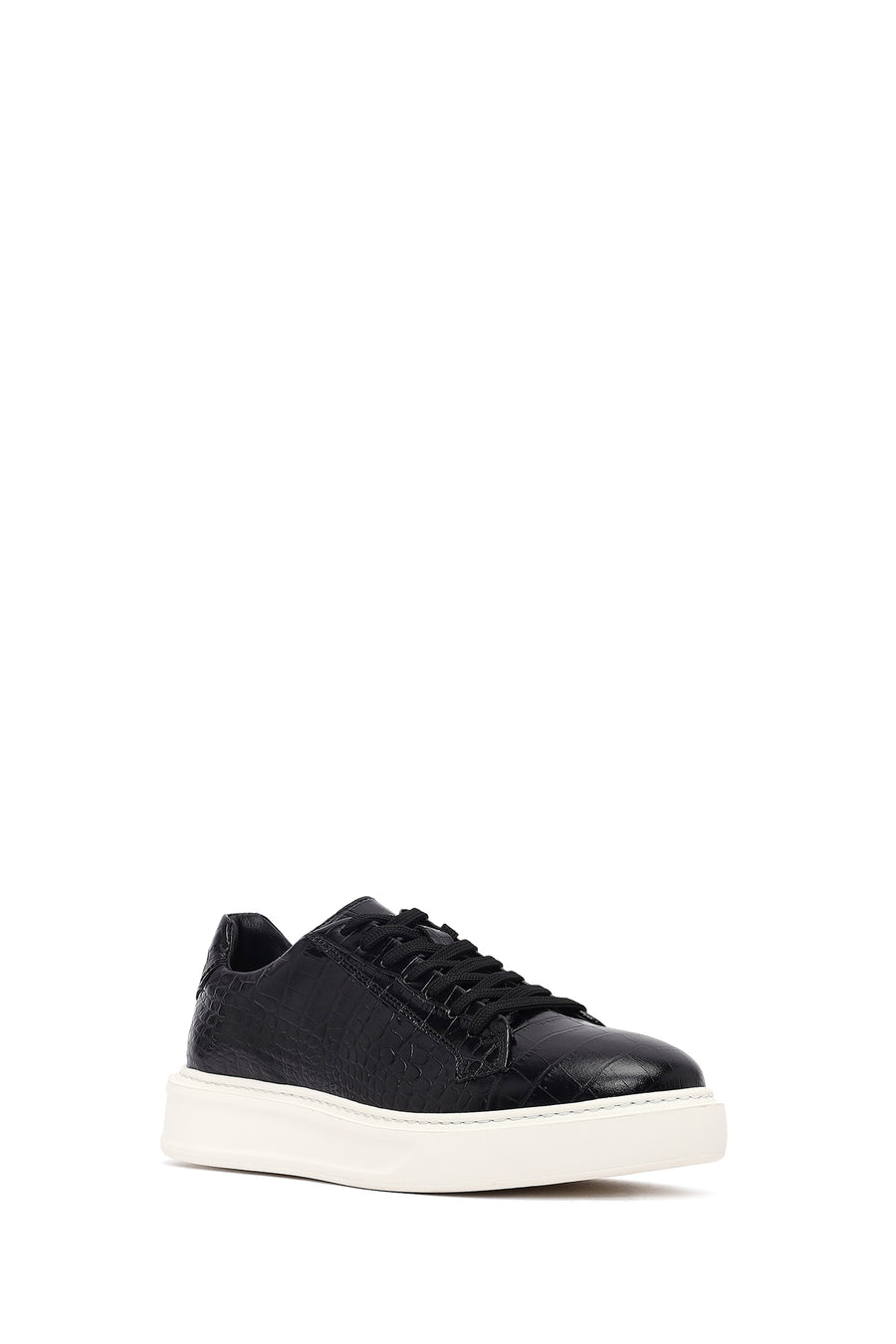 Erkek Siyah Kroko Bağcıklı Deri Sneaker